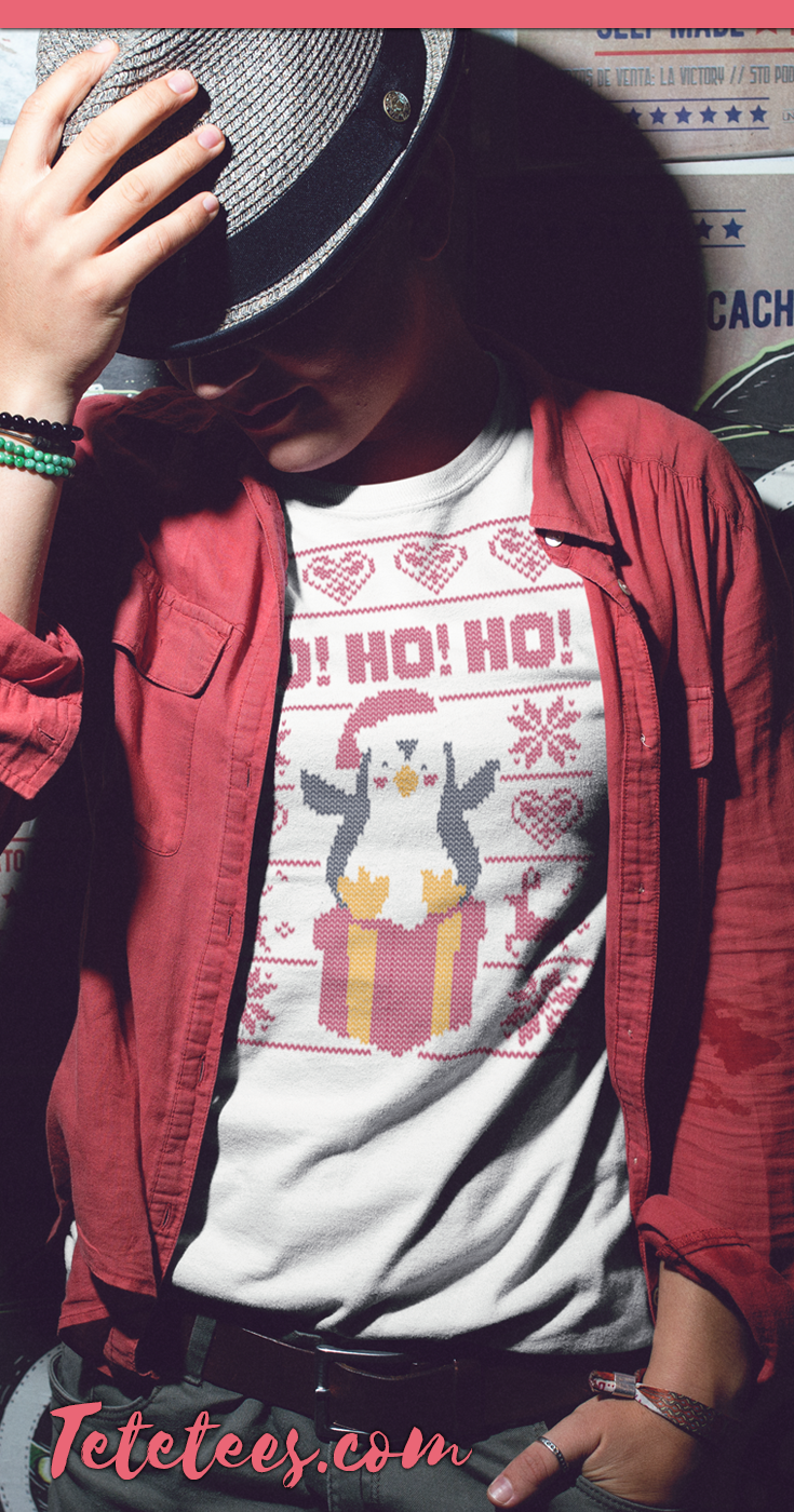 Ho! Ho! Ho! Ugly Christmas Sweater Style Penguin Santa Claus T-Shirt