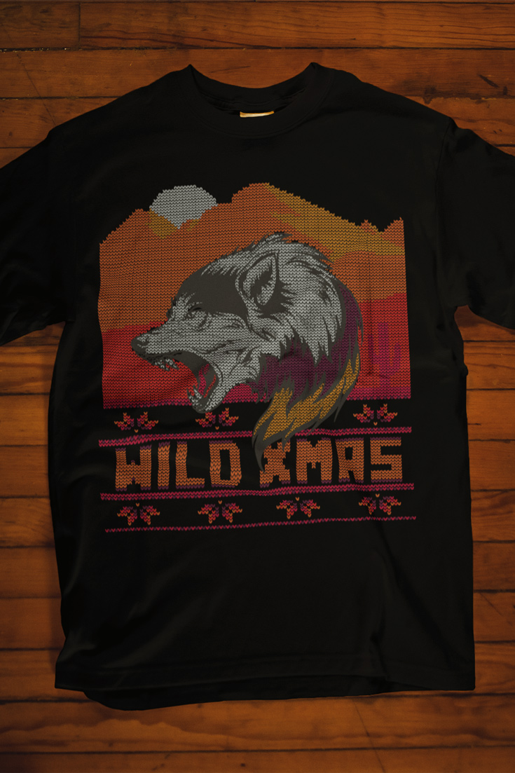 Wolf Wild Xmas Ugly Christmas Sweater Black Tee Shirt for men and women